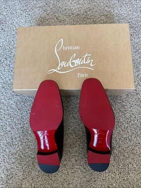 dress shoes with red soles Christian Louboutin- Black patent leather slip on / loafer with Bright red  sole
